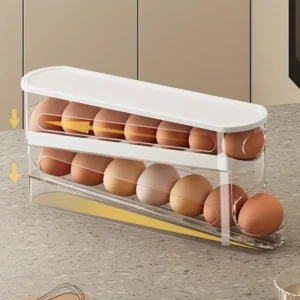 Double Layer Automatic Rolling Egg Storage Container 12-14 Eggs Hinged Design PP PET Space Saver Rack for Refrigerator Kitchen