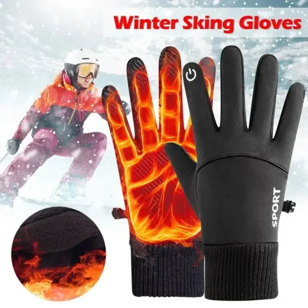 Black Winter Warm Full Fingers Waterproof Cycling Outdoor Sports Running Motorcycle Ski Touch Screen Fleece Gloves - Image 3