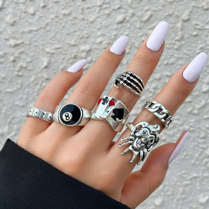 kf-S4be58f35f47642a1b8406c16c27a0a2ca Hip Hop Vintage Skull Ghost Claw Poker Clown Ring Set for Women Hollow Geometric Size 8 Jewelry Steampunk Men - Image 2