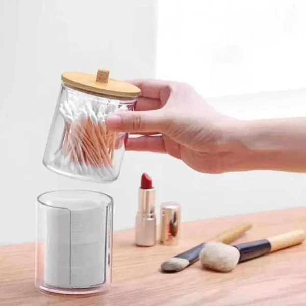 Acrylic Storage Box Bathroom Jar Makeup Organizer Cotton Round Pad Holder Cotton Swab Box Qtip Holder Dispenser with Bamboo Lid - Image 3