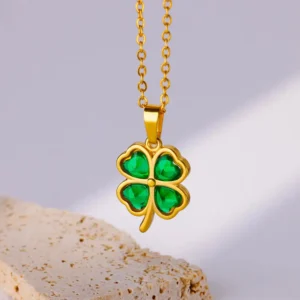Four Leaf Clover Stainless Steel Necklaces For Women Green Zircon Gold Color Quality Jewelry Pendant Necklace Gift Free Shipping
