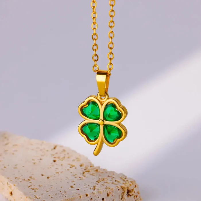 kf-S55cd29148c014c0faf069c25a5d00684r Four Leaf Clover Stainless Steel Necklaces For Women Green Zircon Gold Color Quality Jewelry Pendant Necklace Gift Free Shipping - Image 2