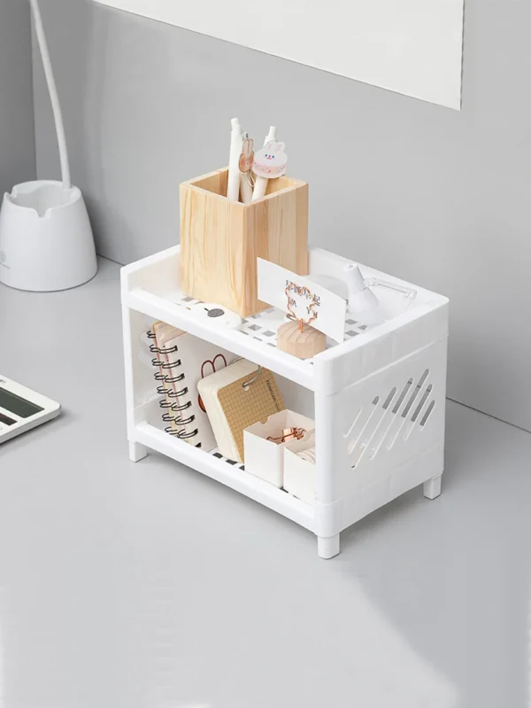 PP Desktop Double Layer Storage Rack Rectangular White Organizing Student Desk Office Cosmetics Stationery Shelf - Image 4