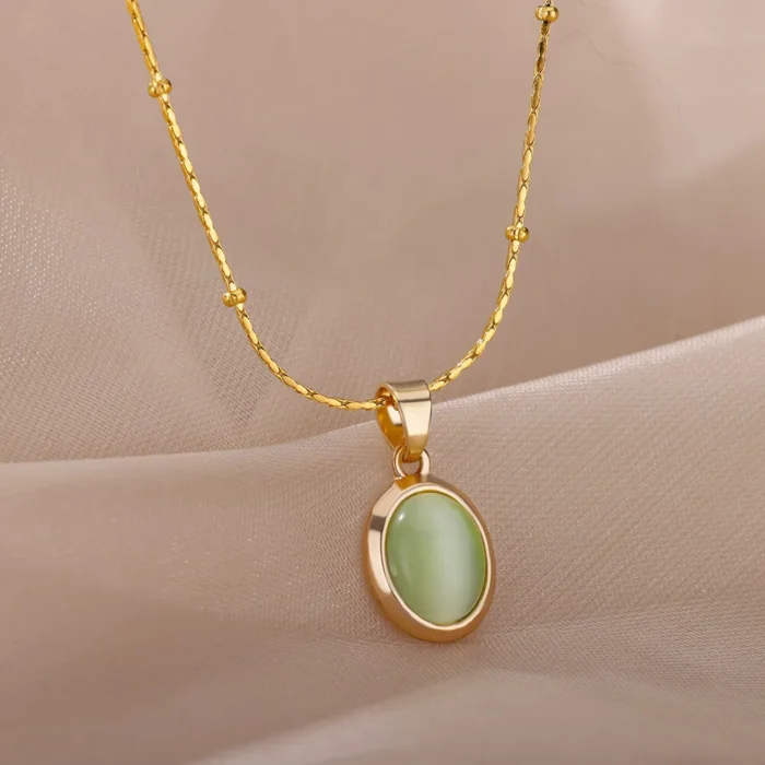 kf-S5dec7e7531e34233a604e336d696b582G Fashion Stone Opal Oval Necklace For Women Stainless Steel Gold Color Oval Stone Pendant Necklace Wedding Aesthetic Jewelry Gift - Image 1