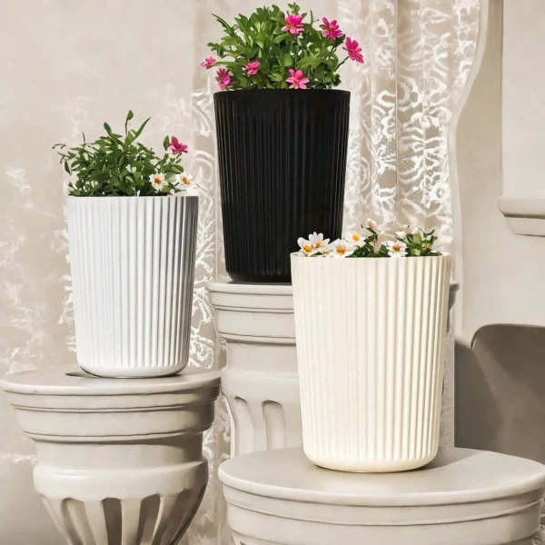 Striped Circular Plastic Flower Pot, Simple Design Planter Suitable For Indoor/Outdoor Decoration Of Home Garden, Patio,Office - Image 2