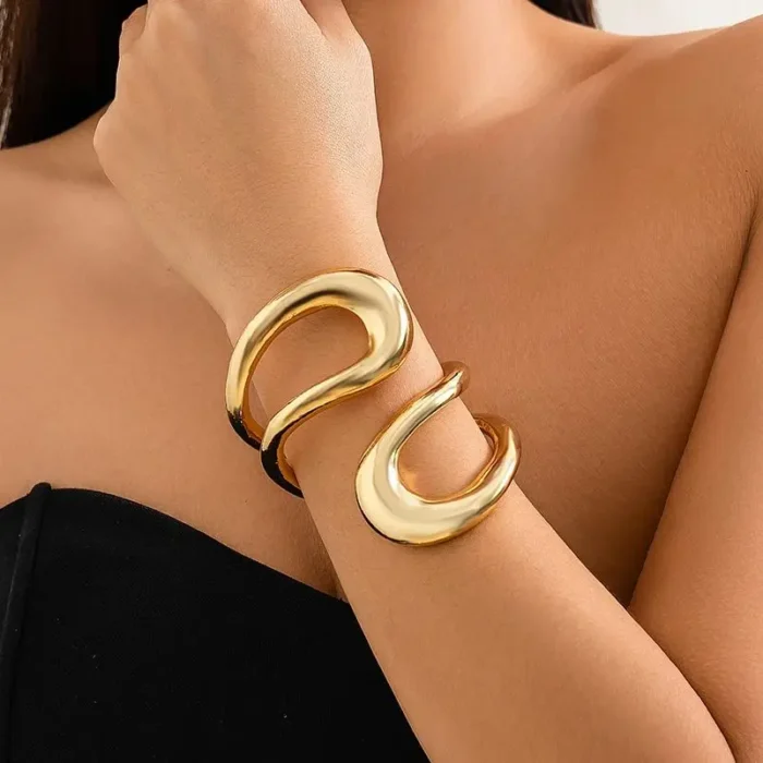 kf-S65ae3d62c70e41aa92e05b13da7d4a2bX Punk Classic Geometric Twisted Open Bangles for Women Exaggerated Gold Color Heavy Metal Cuff Bracelet Fashion Party Jewelry New - Image 1