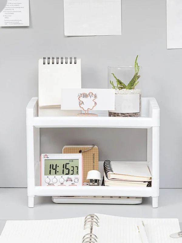 PP Desktop Double Layer Storage Rack Rectangular White Organizing Student Desk Office Cosmetics Stationery Shelf - Image 3