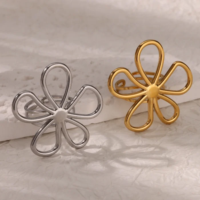 kf-S6de10c6aa1b64cdaa828215fb810b64fp Stainless Steel Hollow Flower Open Rings for Women Trendy Aesthetic Wedding Couple Ring Femme Jewelry Accessories Gift anillos - Image 5