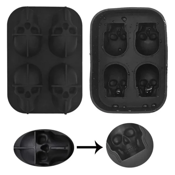 3D Skull Ice Cube Tray, Silicone Ice Maker Molds with Funnel, 4 Cavity Ice Cube Tray for Ice Cream & Party - Image 2