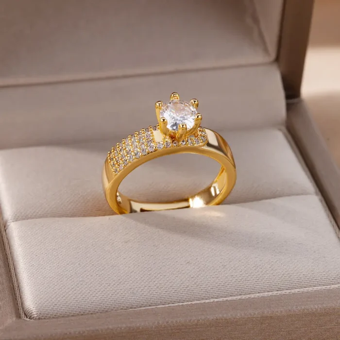 kf-S7052c0a503204673af7c282847f80727B Stainless Steel Round Rings For Women Zircon Geometric Gold Color Crystal Ring Aesthetic Wedding Party Jewerly Gift Bague Femme - Image 2