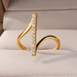 Zircon Geometric Rings For Women Gold Color Stainless Steel Opening Ring Luxury Wedding Party Aesthetic Jewerly Gift Femme 2024