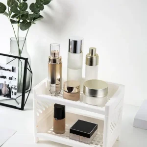 PP Desktop Double Layer Storage Rack Rectangular White Organizing Student Desk Office Cosmetics Stationery Shelf