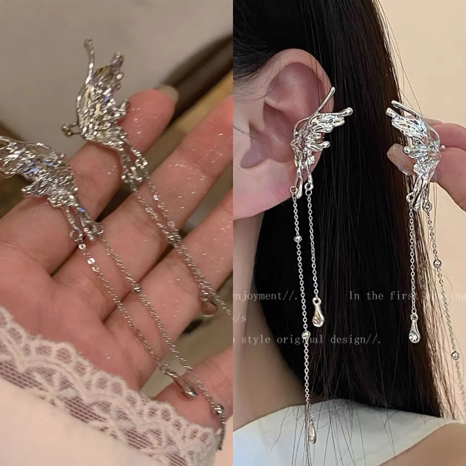 kf-S73ac03a398d14e74b08f315389039fa1U 1Pair Elegant Elf Butterfly Long Tassel Clip Earrings for Women Wed Bridal Retro Kpop No Piercing Earbone Ear Cuff Jewelry Gift - Image 1
