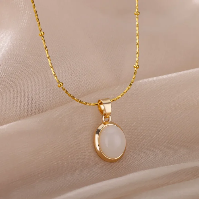 kf-S740fa191e3fd467d92a11ec1229502b9V Fashion Stone Opal Oval Necklace For Women Stainless Steel Gold Color Oval Stone Pendant Necklace Wedding Aesthetic Jewelry Gift - Image 3