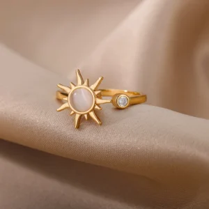 Rotating Sun Opal Ring For Women Stainless Steel Retro Charm Adjustable Open Rings Party Jewelry Best Friend Gift Bijoux Femme