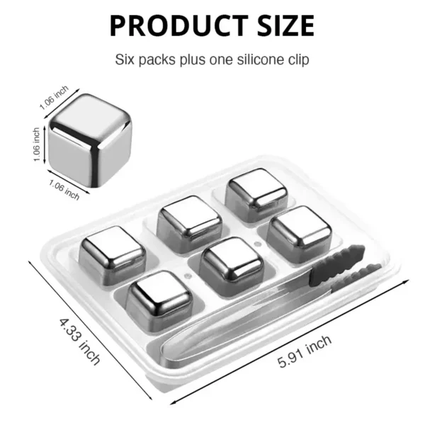 6 Piece Whiskey Ice Cubes Set with Silicone Head Tongs and Ice Cube Trays Stainless Steel Ice Cubes Reusable - Image 2