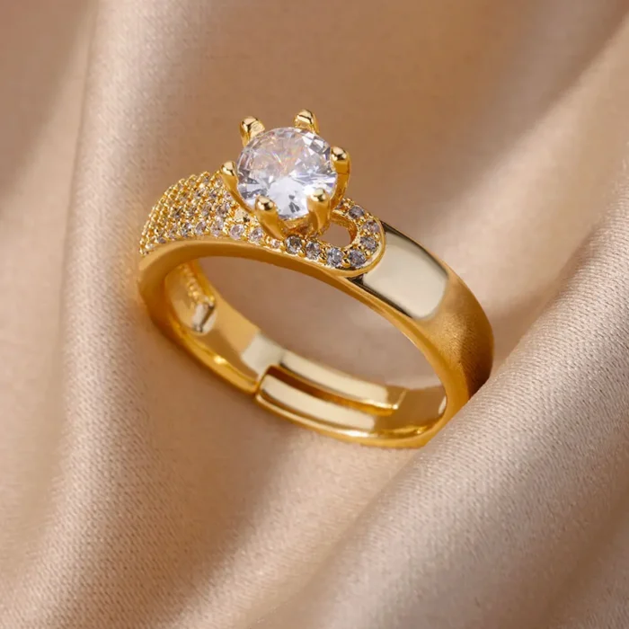 kf-S7ce01bd9e0474f2fb64fcf73a340822dD Stainless Steel Round Rings For Women Zircon Geometric Gold Color Crystal Ring Aesthetic Wedding Party Jewerly Gift Bague Femme - Image 1