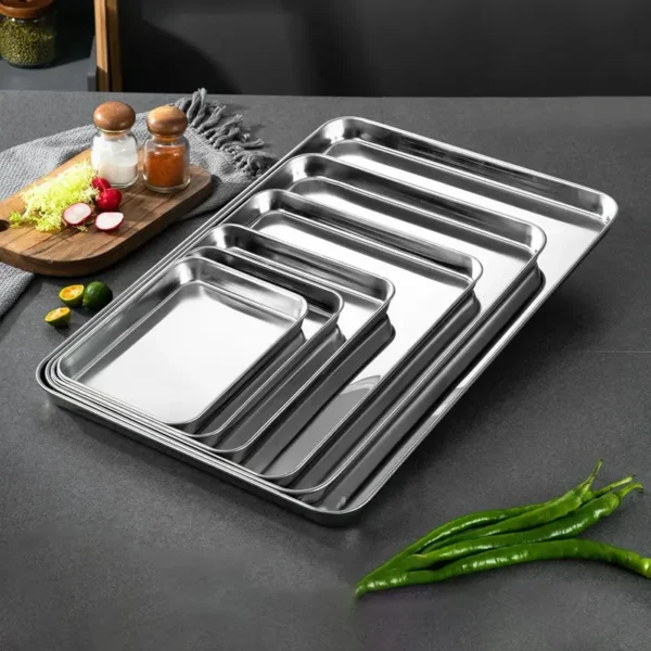 1Pc Household Stainless Steel Vermicelli Dish Thickened Rectangular Flat Bottom Liangpi Dish Barbecue Dish - Image 3