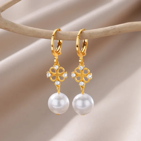 Zircon Natural Pearl Earrings For Women Gold Plated Stainless Steel Geometric Hoop Pearl Earring Wedding Bridesmaid Jewelry Gift - Image 5