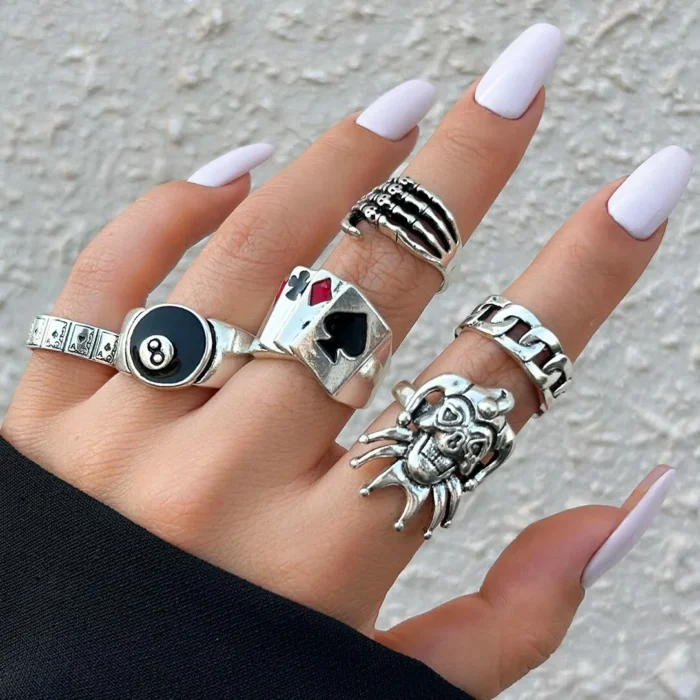 kf-S8d178b79c5ef46869f2e7f19c8d1bd86U Hip Hop Vintage Skull Ghost Claw Poker Clown Ring Set for Women Hollow Geometric Size 8 Jewelry Steampunk Men - Image 1