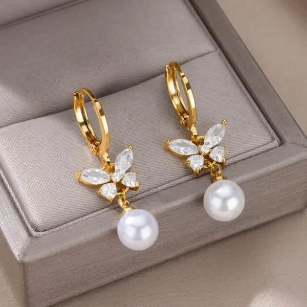Butterfly Zircon Stainless Steel Pearl Earrings For Women Gold Plated Piercing Earring Aesthetic Luxury Jewelry Gift 2023 New - Image 4