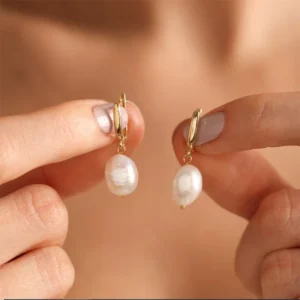 Zircon Natural Pearl Earrings For Women Gold Plated Stainless Steel Geometric Hoop Pearl Earring Wedding Bridesmaid Jewelry Gift