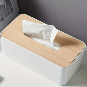 Wood Grain Tissue Box with Lid Bathroom Organizer Plastic Cover Waterproof for Countertop Vanity Office Space Saving