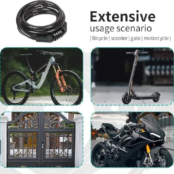 Anti theft bicycle lock, 4-digit password lock, 1-meter ultra strong cable, suitable for mountain bikes, road bikes, - Image 2