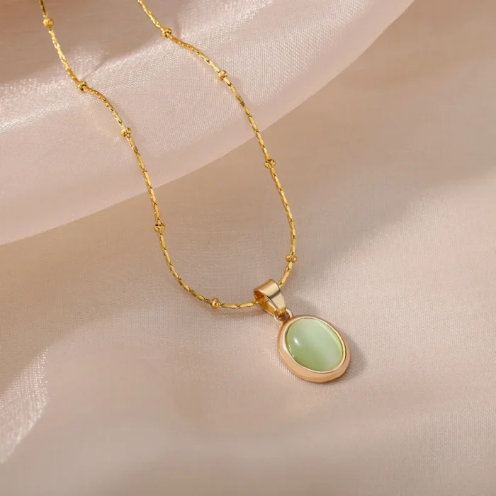 kf-Sa388f79f887e4c1d8d1c43da727e8442T Fashion Stone Opal Oval Necklace For Women Stainless Steel Gold Color Oval Stone Pendant Necklace Wedding Aesthetic Jewelry Gift - Image 5