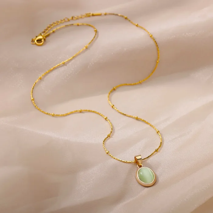 kf-Sa4e2306dddb647d9b03c946b6e9ac0e17 Fashion Stone Opal Oval Necklace For Women Stainless Steel Gold Color Oval Stone Pendant Necklace Wedding Aesthetic Jewelry Gift - Image 6