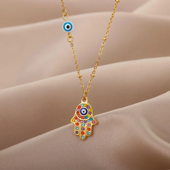 kf-Sa8b56c3dad18405989b4ba5fbfd6d6a1W Turkish Hamsa Evil Eye Necklaces For Women Stainless Steel Gold Color Charm Choker Neckalce Christmas Jewelry Accessories Gift - Image 3