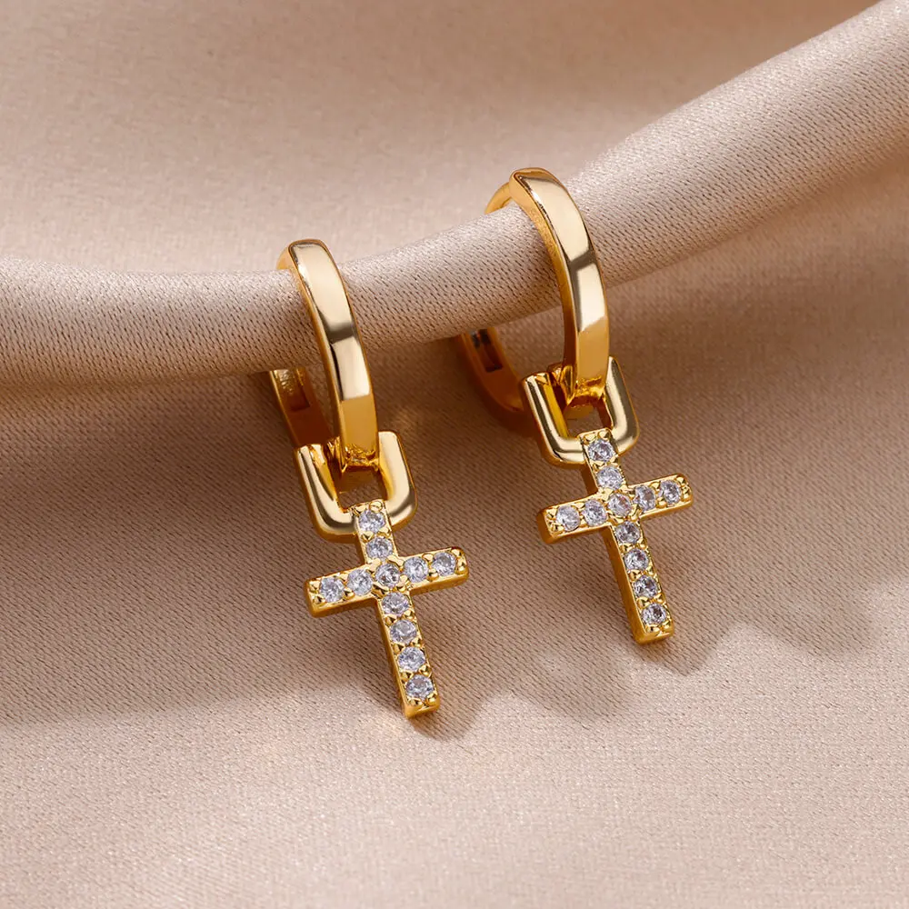 kf-Sade59680684a4e809270a7033ba7757cg Zircon Cross Dangle Earrings For Women Girls Stainless Steel Cross Earring 2023 Trending Couple Wedding Aesthetic Jewelry aretes - Image 1