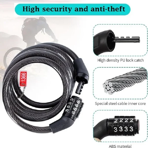 Anti theft bicycle lock, 4-digit password lock, 1-meter ultra strong cable, suitable for mountain bikes, road bikes, - Image 4