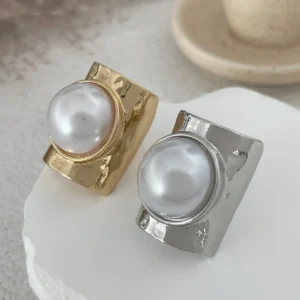 Ingemark Punk Exaggerated Irregular Metal Wide Open Adjustable Rings for Women Imitation Pearl Geometric Finger Ring Men Jewelry