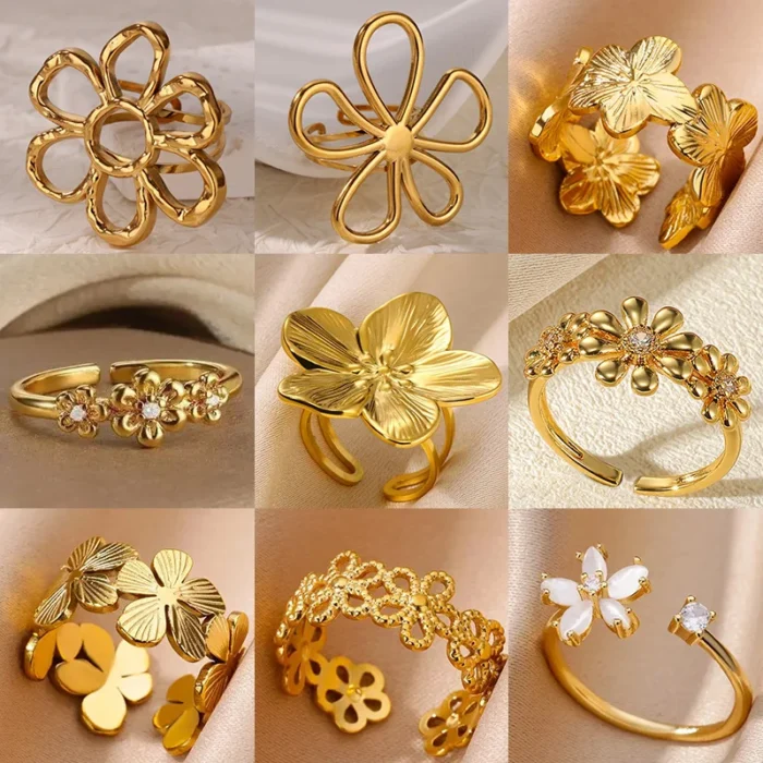 kf-Sb562c92951db41f4bc600ce3eafadf1bh Stainless Steel Exaggerated Big Flower Rings For Women Gold Color Sunflower Finger Ring Female Fashion Aesthetic Jewelry Gift - Image 1