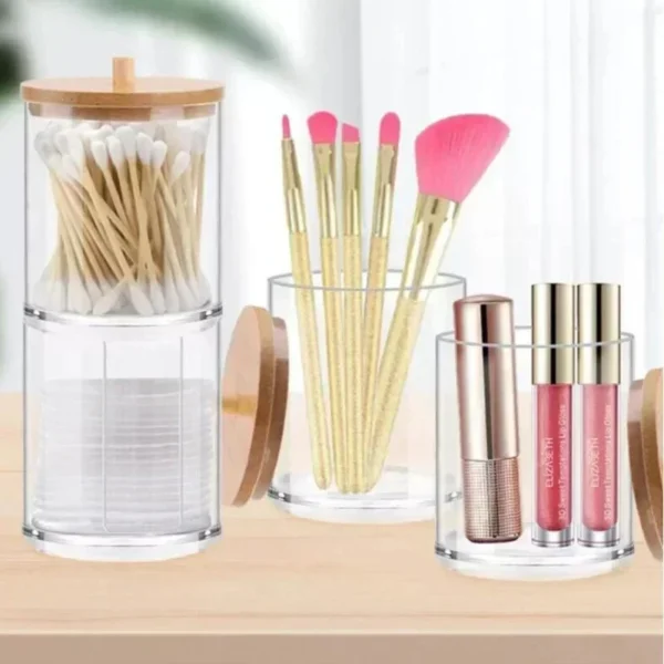 Acrylic Storage Box Bathroom Jar Makeup Organizer Cotton Round Pad Holder Cotton Swab Box Qtip Holder Dispenser with Bamboo Lid - Image 6