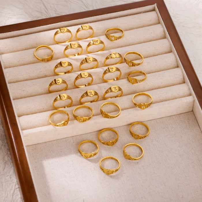 kf-Sb8d9e3d772b245a39544a3fd8143e55bW Fashion Hollow Initial Letter Heart Rings For Women Gold Color Stainless Steel A-Z Letter Ring Aesthetic Wedding Jewelry Gift - Image 5