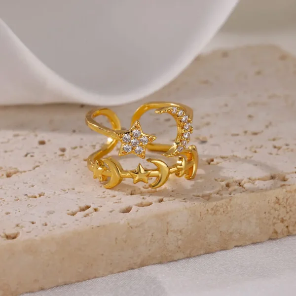 Zircon Star Moon Rings For Women Gold Color Adjustable Stainless Steel Moon Star Ring Wedding Aesthetic Party Jewelry Gift BFF - Image 3