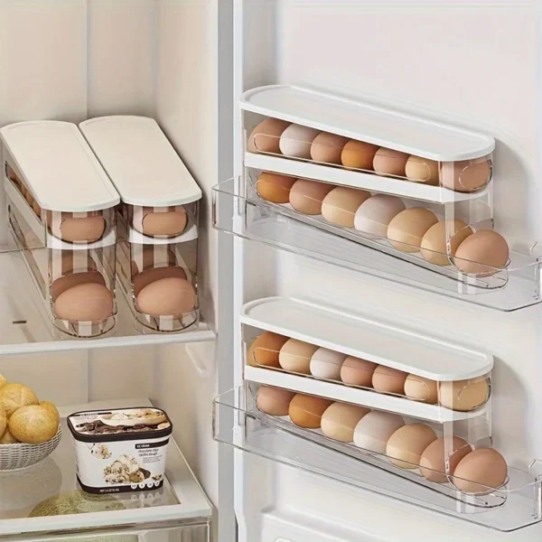 Double Layer Automatic Rolling Egg Storage Container 12-14 Eggs Hinged Design PP PET Space Saver Rack for Refrigerator Kitchen - Image 5