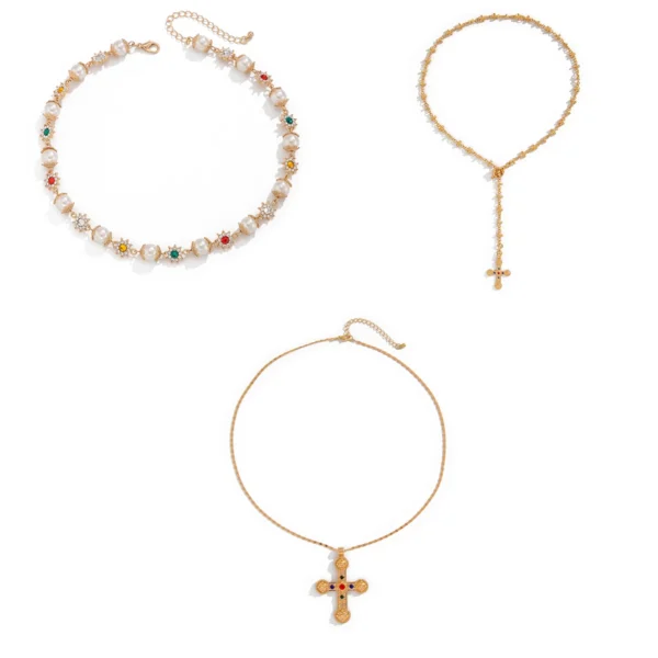 Ingemark Luxury Rhinestone Imitation Pearl Beads Chain Necklace Women Wed Bridal Vintage Jesus Cross Pendant Choker Y2K Jewelry - Image 2