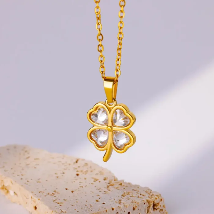 kf-Scab2a8fda6614186876a79ffe745c81du Four Leaf Clover Stainless Steel Necklaces For Women Green Zircon Gold Color Quality Jewelry Pendant Necklace Gift Free Shipping - Image 4