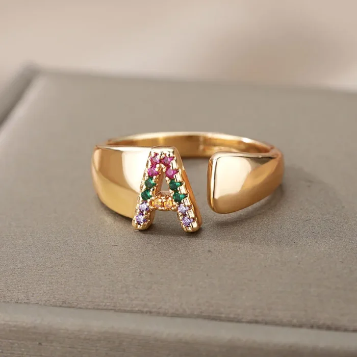 kf-Sccea18cd163c46bba8abf86a77762a83C Rainbow Zircon Letter Rings For Women Fashion Chunky Wide Letter A-Z Stainless Steel Ring Wedding Boho Jewelry free shipping - Image 2