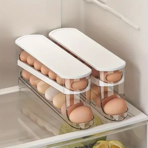 Double Layer Automatic Rolling Egg Storage Container 12-14 Eggs Hinged Design PP PET Space Saver Rack for Refrigerator Kitchen