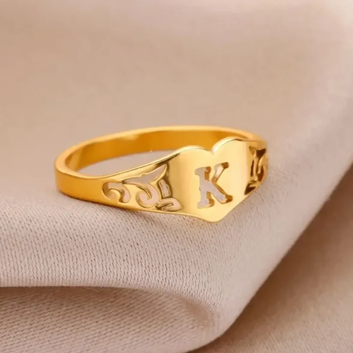 kf-Sd86bbf71413e44cdb57a9164d8600d00w Fashion Hollow Initial Letter Heart Rings For Women Gold Color Stainless Steel A-Z Letter Ring Aesthetic Wedding Jewelry Gift - Image 3