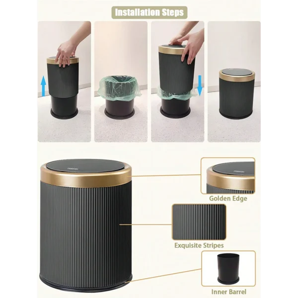 Modern White and Black Double Layered Trash Bin with Press Top Lid for Bathroom, Office and Bedroom - Image 3