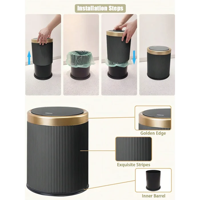 Modern White and Black Double Layered Trash Bin with Press Top Lid for Bathroom, Office and Bedroom - Image 3
