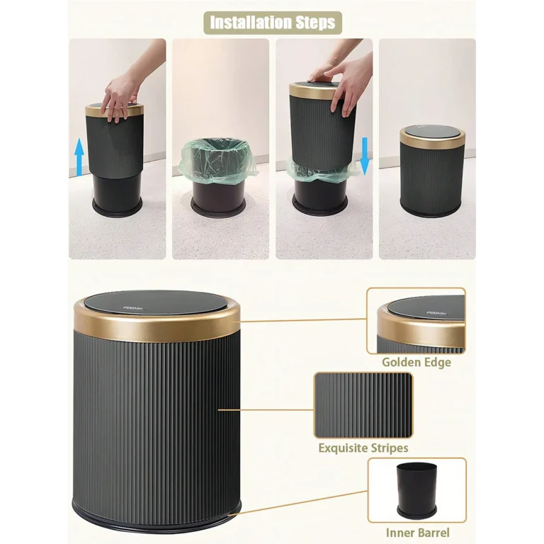 Modern White and Black Double Layered Trash Bin with Press Top Lid for Bathroom, Office and Bedroom - Image 3