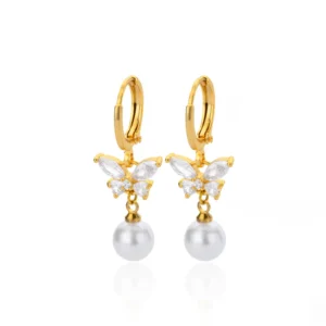 Butterfly Zircon Stainless Steel Pearl Earrings For Women Gold Plated Piercing Earring Aesthetic Luxury Jewelry Gift 2023 New