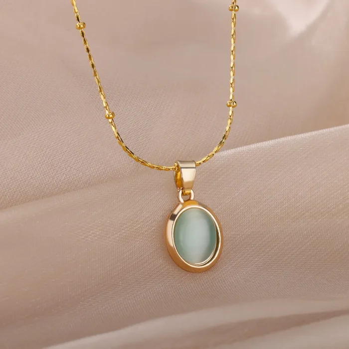 kf-Sebd68c7c0b72428cb6f1779d2ab572e9c Fashion Stone Opal Oval Necklace For Women Stainless Steel Gold Color Oval Stone Pendant Necklace Wedding Aesthetic Jewelry Gift - Image 4