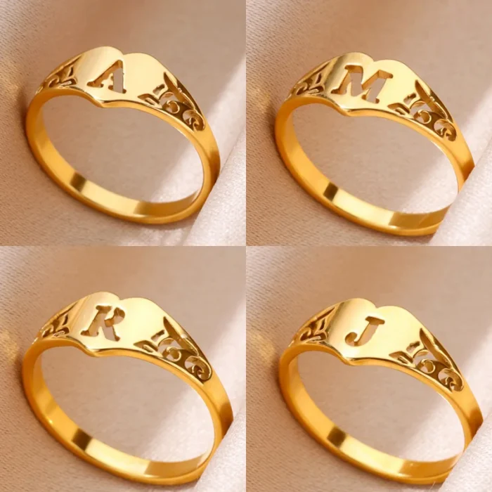kf-Sf2b5ba80d2404aa9b8213deb5eb69b5bv Fashion Hollow Initial Letter Heart Rings For Women Gold Color Stainless Steel A-Z Letter Ring Aesthetic Wedding Jewelry Gift - Image 1